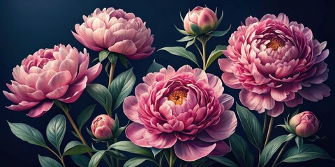 Intricate, Hyper realistic pink peonies on a dark background with velvety soft petals and delicate texture, set against a deep black or navy blue backdrop , pink peonies, flowers