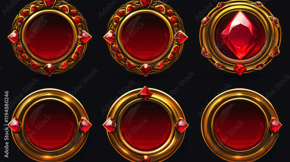 Poster golden vintage game frames, ui medieval round borders of gold metal with gems and red buttons. carto