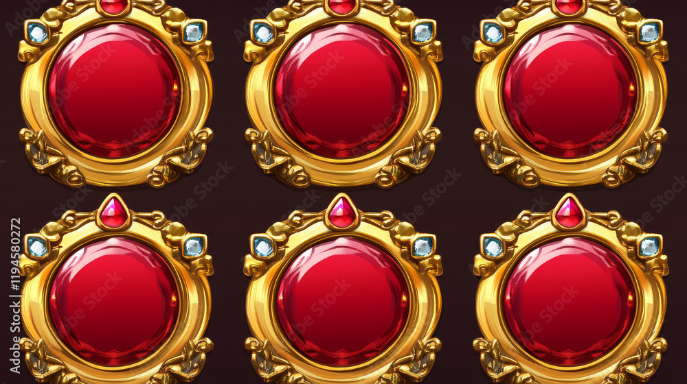 Poster golden vintage game frames, ui medieval round borders of gold metal with gems and red buttons. carto