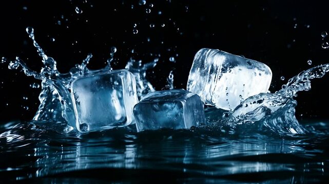 Ice cubes splashing into clear water in slow motion on black background