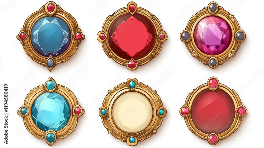Poster golden vintage game frames, ui medieval round borders of gold metal with gems and red buttons. carto