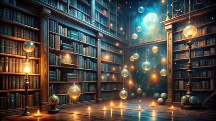 Mysterious books adorn shelves in a dimly lit enchanted library with glowing orbs and ethereal spirits floating around book spines, glowing orbs, bookshelves