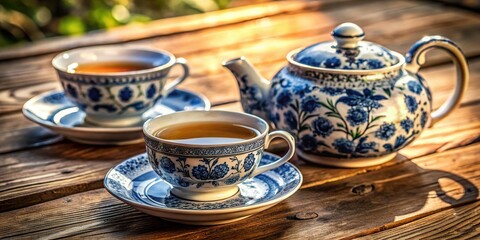 Fototapeta premium Elegant White and Blue Tea Set on Rustic Wooden Table - Stock Photo