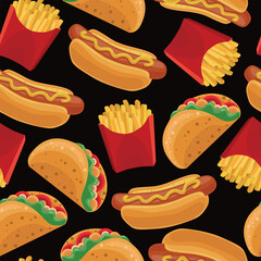 Seamless fast food background. Hot dog, tacos, French fries. Bright and beautiful print for packaging, clothing and design. Vector illustration.