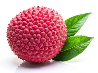 Fresh Lychee Fruit with Pink Spiky Skin and Green Leaf on White Background - Night Photography Stock Photo