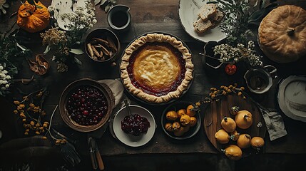 Autumnal Thanksgiving feast table with pie, cranberries, pumpkins, and other seasonal foods.