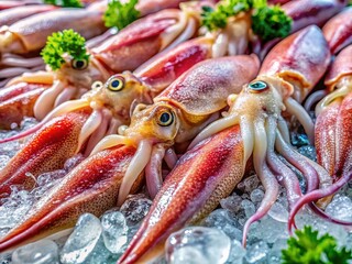 Fresh Squid on Ice at Market - Seafood Delicacy