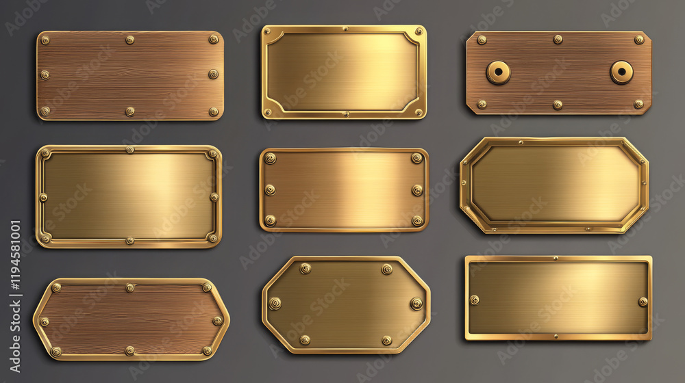 Poster gold name plates with wooden frame and screws isolated on transparent background. vector realistic s