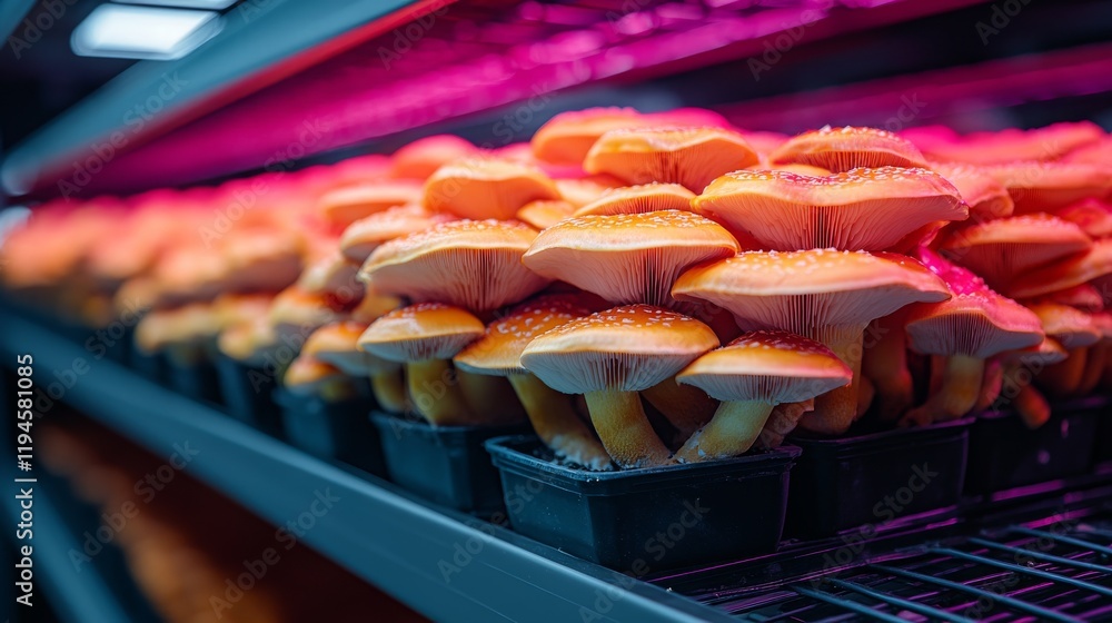 Poster automated vertical farm growing mushrooms using controlled systems in a modern agricultural setting