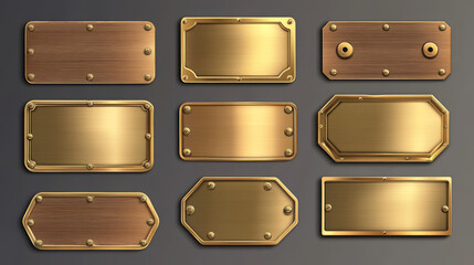 Gold name plates with wooden frame and screws isolated on transparent background. Vector realistic set of empty brass sign boards different shapes with wood border and rivets