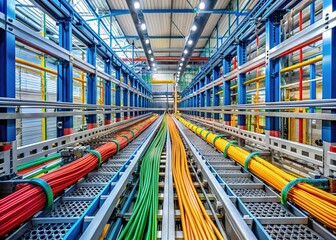 Industrial Metal Cable Trays: High-Depth-of-Field Stock Photo of Organized Wiring in a Factory Setting