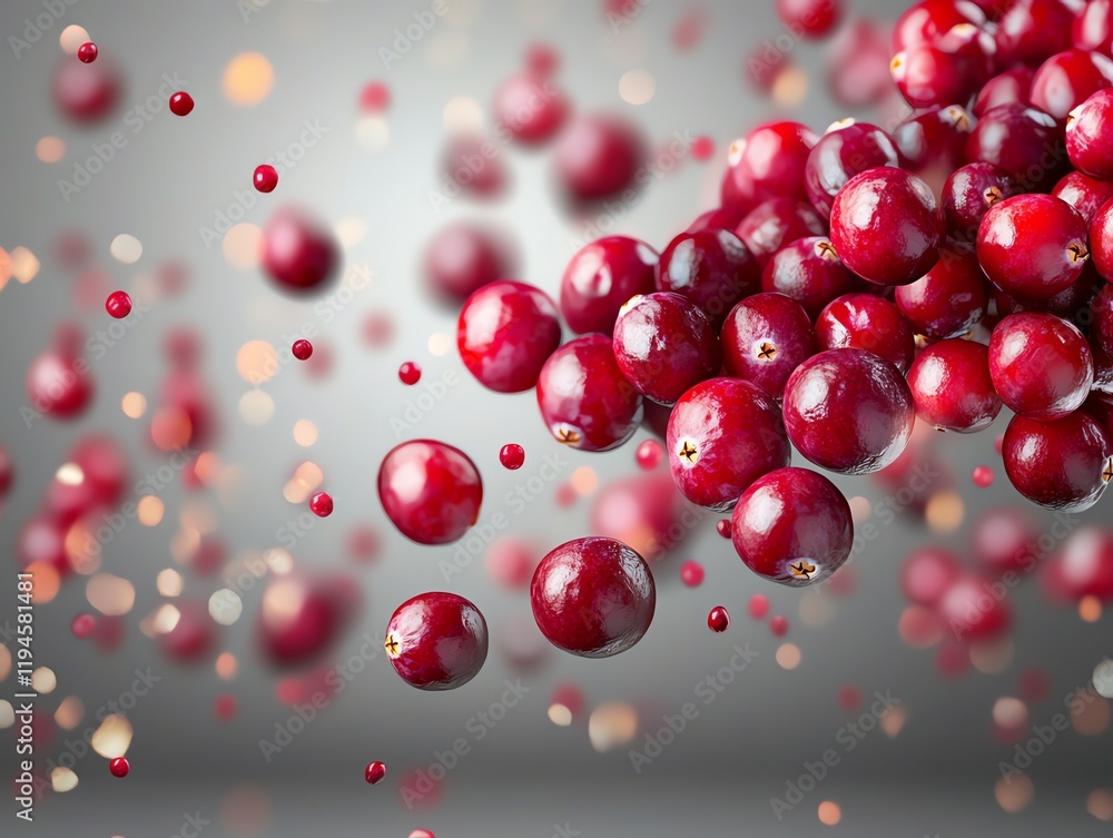 Poster a dynamic display of floating cranberries against a blurred background.