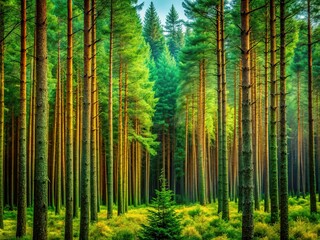 Obraz premium Lush Pine Forest Interior: Serene Nature Scene with Copy Space