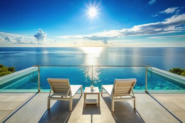 Fototapeta premium Luxury Ocean View Balcony Poolside Relaxation: White Chairs, Stunning Seascape