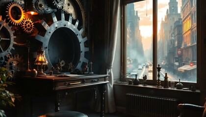 Steampunk Study with City Sunset View