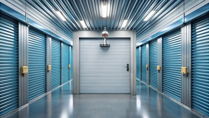 Obraz premium A single self storage unit with a closed metal door and a padlock attached to the handle, surrounded by empty space and fluorescent lighting , security cameras, parking lots