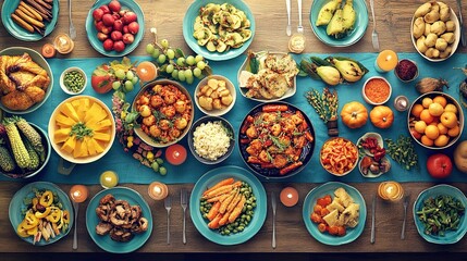 Bird's eye view of a Korean Chuseok feast colorful dishes arranged on a table
