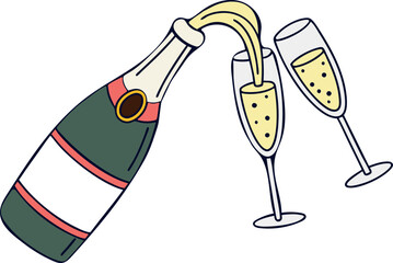 Champagne Bottle Pouring into Flutes - Celebration Vector Illustration