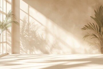 Minimalist Room Decor With Palm Plants And Sunlight Shadows