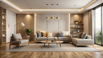 Fototapeta premium Empty modern living room with neutral colors and minimal furniture,