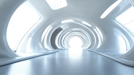 Obraz premium Futuristic white tunnel, bright light ahead, modern architecture, sci-fi background