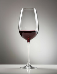 A crystal clear wine glass with an elongated stem, partially filled with a deep burgundy wine, against a neutral background. Generative AI