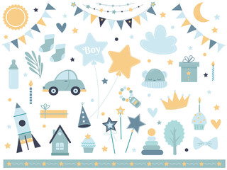 Fototapeta premium vector set of decorative elements for children's party decoration in blue colors