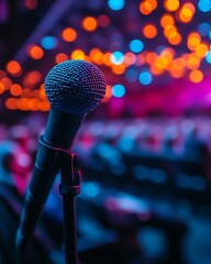 Close-up of microphone on stage with blurred audience and colorful lights.