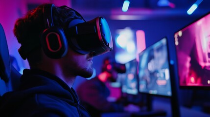 A gamer immersed in a virtual reality gaming tournament, with digital avatars and interactive environments enhancing competitive gameplay, Virtual esports scene