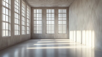 Sunlit empty loft, urban windows, concrete walls
