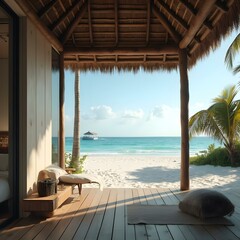 Obraz premium A beach cabana in the Maldives, offering a relaxing ocean view with the sound of waves in the background