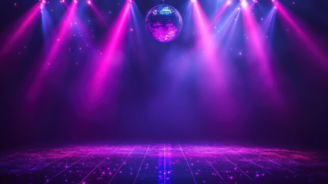 Disco Ball Stage: Vibrant Purple and Blue Lights Illuminate Dance Floor