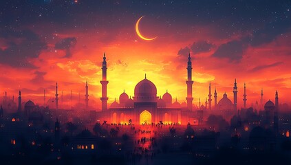 Fototapeta premium Silhouette of an Islamic Arab city. Middle east. Religious monuments and minarets with domes. Sunset view. 3d render. 