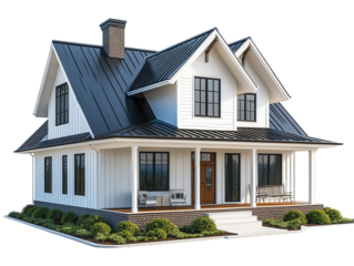 Modern house design with gable roof and porch.