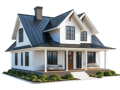 Modern house design with gable roof and porch.