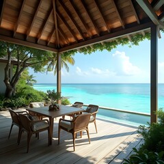 Obraz premium A Maldives villa with an outdoor dining area, facing the turquoise ocean and surrounded by tropical vegetation