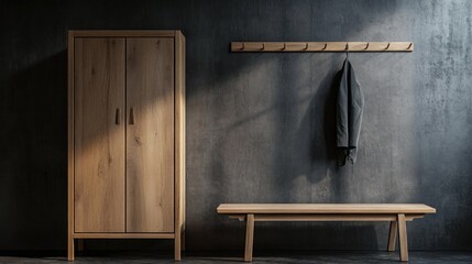 Minimalist Oak Wood Wardrobe, Bench, and Coat Rack in a Modern Interior