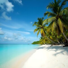 A pristine white sand beach in the Maldives, lined with tall palm trees swaying gently in the tropical breeze