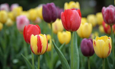 Tulip (Tulipa spp.) Iconic flower of Turkey, known for its vibrant colors and symmetrical shape, especially in red, yellow,