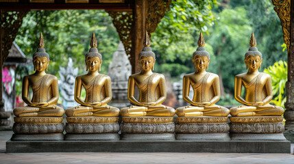 Golden Buddha statues in serene outdoor setting, symbolizing peace and tranquility. intricate details and lush greenery enhance spiritual atmosphere
