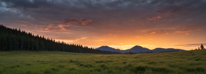 Fototapeta premium sunset over a grassy field with a mountain in the distance
