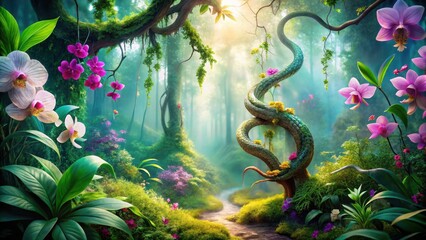 Mysterious serpent entwines with an orchid amidst lush greenery in a mystical garden filled with vibrant flowers and towering trees