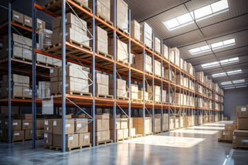 A large and orderly warehouse with high shelves filled with boxe