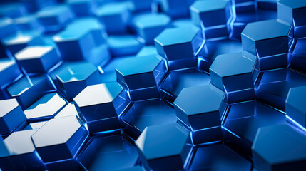 A mesmerizing pattern of blue hexagonal crystals that reflect light brightly and reflectively. Abstract background.
