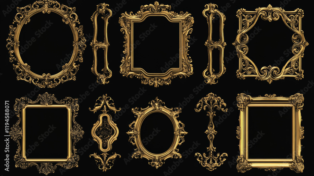 Poster medieval golden frame vector set. vintage empty shiny border round shape. luxury label for interface