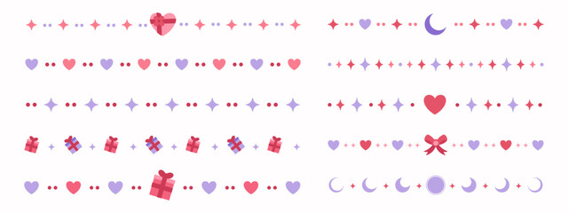 Vintage elegant dividers with hearts, moons, gifts and stars, Valentine Day decorations, stickers and ornament set. Vector red and pink design elements.