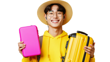 Happy man wears hat holds pink case yellow suitcase.