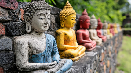 Obraz premium Buddha statues in various colors line stone wall, showcasing intricate details and serene expressions. This peaceful scene evokes tranquility and harmony in nature
