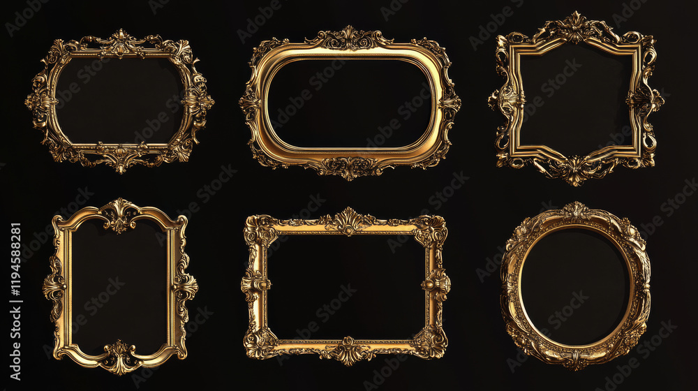 Poster medieval golden frame vector set. vintage empty shiny border round shape. luxury label for interface