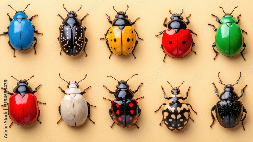 Poster colorful collection of beetles displayed on light background, showcasing various patterns and colors